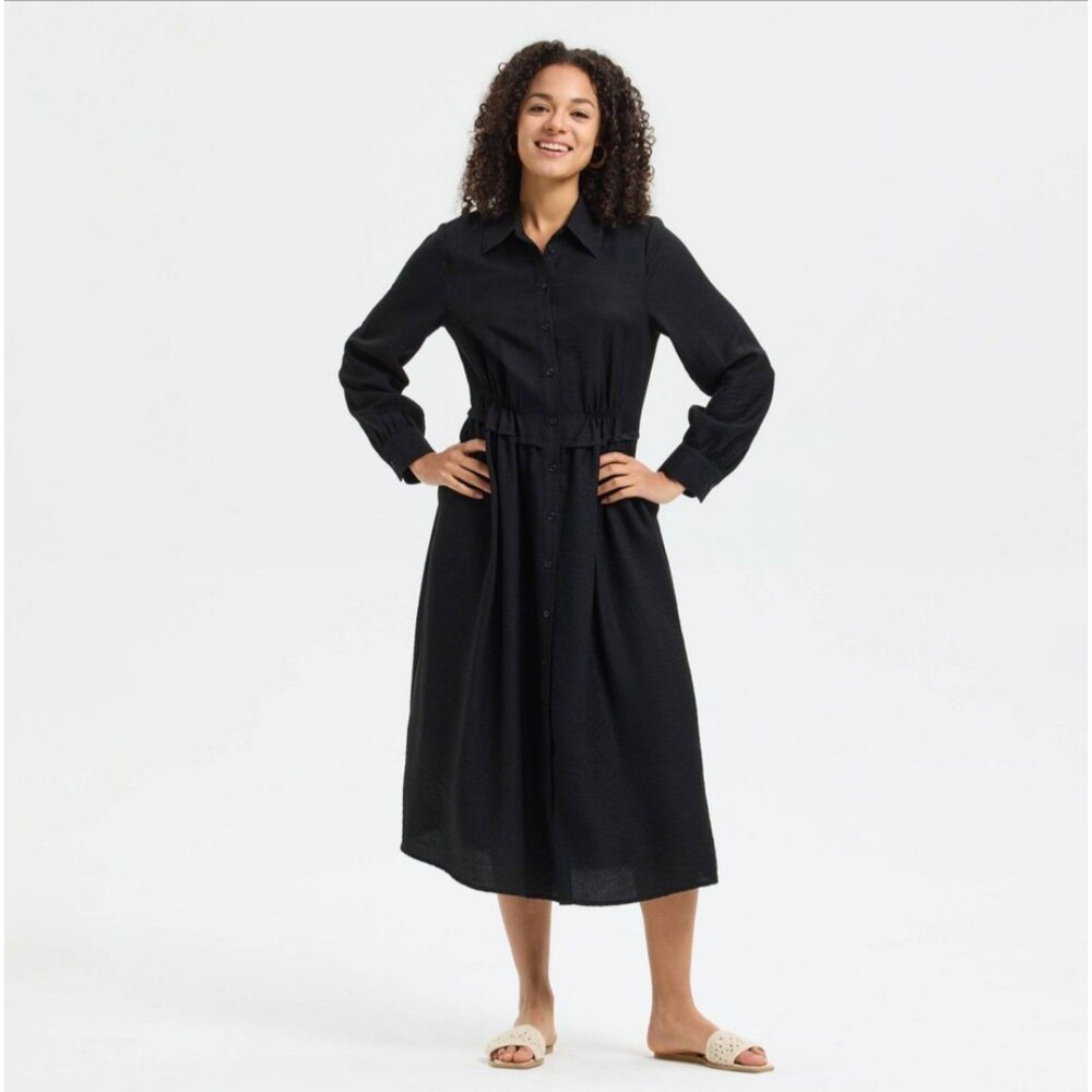 Women's Universal Thread Long Sleeve Button Down Midi Shirtdress Black XXL